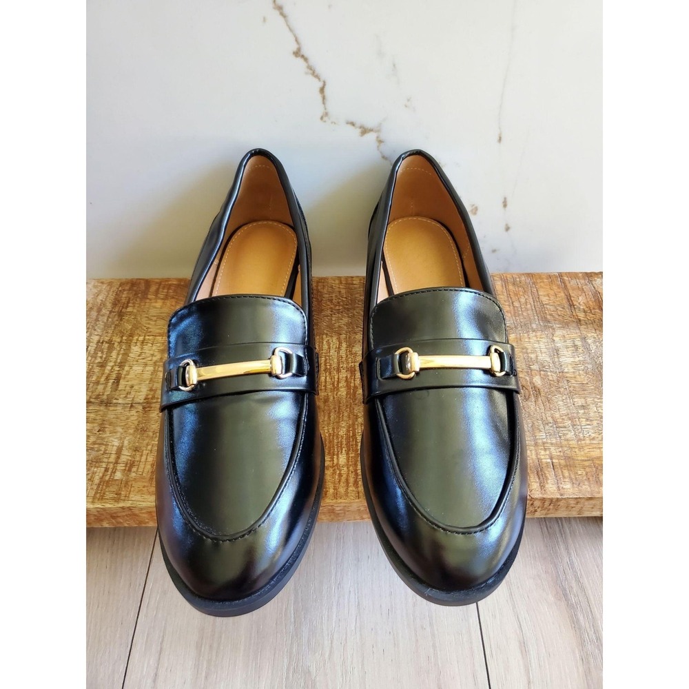 Metal Buckle Loafers Womens EUR 40 Black Faux Leather Horsebit Round Toe Shoes - Picture 4 of 7